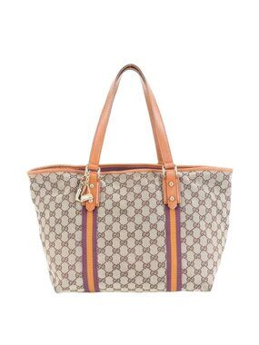 Gucci GG Canvas Sherry Line Leather Tote Shoulder Hand Brown Rem